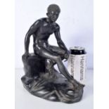 A 19TH CENTURY ITALIAN GRAND TOUR BRONZE FIGURE OF A SEATED MALE modelled upon a stump. 26 cm x 17 c