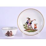 Mid 18th c. Meissen rare teabowl and saucer having scenes from the Commedia dell Arte, crossed sword