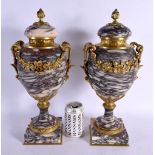 A LARGE PAIR OF ANTIQUE MARBLE AND GILT BRONZE VASES AND COVERS. 45 cm high.