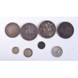 EIGHT SILVER COINS INCLUDING A BIRMINGHAM WORKHOUSE ONE POUND NOTE COIN. Total weight 105.9g (8)