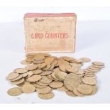 A collection of brass imitation George III spade half Guinea card counters each 21 mm (134).