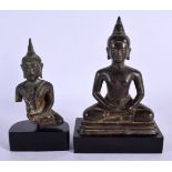 AN EARLY 18TH CENTURY SOUTH EAST ASIAN BRONZE BUDDHA together with another. Largest 15 cm x 9 cm. 92