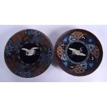 A PAIR OF 19TH CENTURY JAPANESE MEIJI PERIOD CLOISONNE ENAMEL DISHES decorated with birds. 16.5 cm d