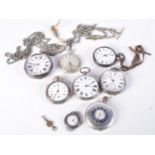 A GROUP OF EIGHT SILVER POCKET WATCHES SOME WITH CHAINS AND KEYS. Various marks, total weight 869g