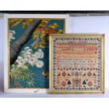 AN ANTIQUE SAMPLER together with a Japanese silk panel. Largest 50 cm square. (2)