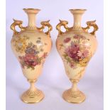 Royal Worcester pair of blush ivory vase painted with flowers shape 2426, date mark 1908. 27.5cm hi