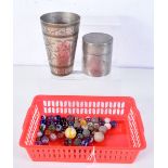 A CHINESE PEWTER BOX together with marbles and a beaker. (3)