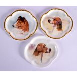 Minton set of three small trays or plaques painted with dogs by JE Dean, signed two with inscription