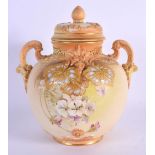 Royal Worcester blush ivory pot pourri vase and cover painted with with coloured flowers raised gilt