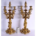 A LARGE PAIR OF 19TH CENTURY FRENCH ORMOLU AND MARBLE CANDELABRA 58 cm x 20 cm.