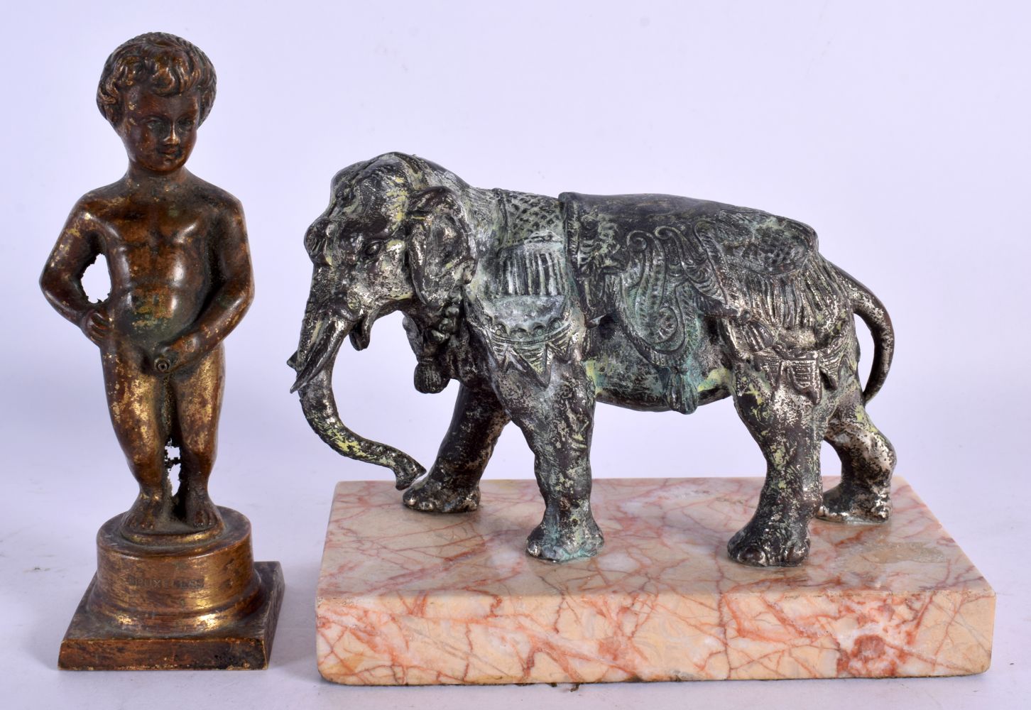 AN ANTIQUE BELGIAN BRONZE FIGURE OF A NUDE BOY together with 1920 Indian figure of an elephant. Larg