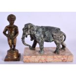 AN ANTIQUE BELGIAN BRONZE FIGURE OF A NUDE BOY together with 1920 Indian figure of an elephant. Larg