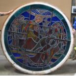 A LARGE ANTIQUE STAINED GLASS CIRCULAR WINDOW decorated with a saint, with wood surround. Glass 160