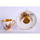 ROYAL WORCESTER DEMI TASSE COFFEE CUP AND SAUCER EACH PIECE PAINTED WITH A BRACE OF PHEASANTS BY JAS