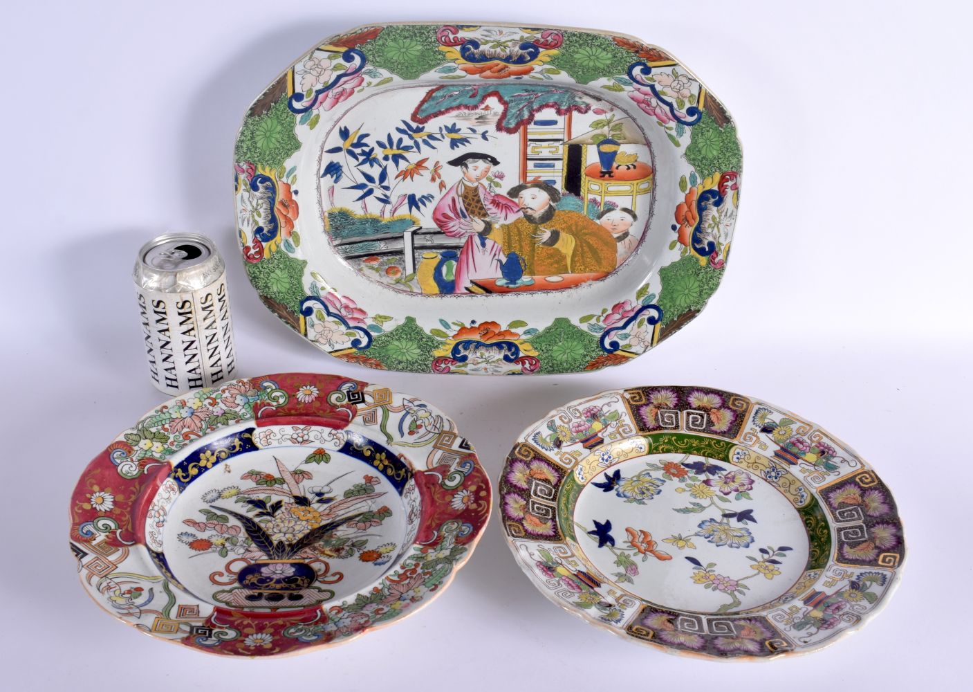 A VERY RARE EARLY 19TH CENTURY MASONS IRONSTONE 'MANDARIN' PATTERN DISH together with a pair of Maso