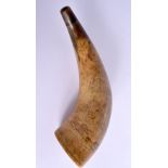 A FINE 19TH CENTURY CONTINENTAL SCRIMSHAW POWDER HORN decorated all over with horses, birds and land
