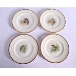 ROYAL WORCESTER SET OF FOUR SIDE PLATES PAINTED WITH BIRDS, WHINCHAT, BLUETIT, MEALY REDPOLL AND GOL