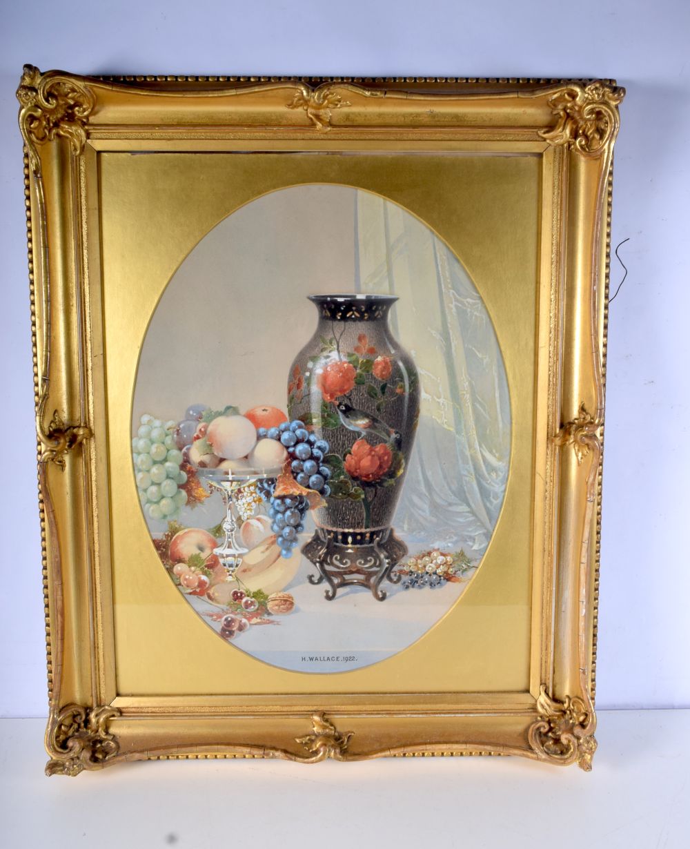 A framed still life print of fruit and a vase by Harry Wallace 1922 .56 x 43 cm.