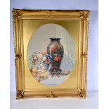 A framed still life print of fruit and a vase by Harry Wallace 1922 .56 x 43 cm.