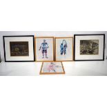 A collection of framed French prints together with two framed etchings. Largest 26 x 20cm (5).