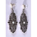 A PAIR OF SILVER AND MARCASITE EARRINGS SET WITH OPALS. Stamped 925, 6.1cm drop, total weight 16.3g