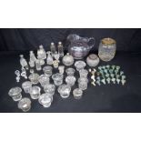 A collection of glass items including perfume bottles ,lids, cruets, jugs etc (Qty)