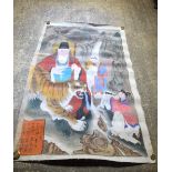 A large Chinese watercolour on fabric depicting a scholar and a tiger 156 x 102 cm.