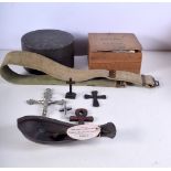 A collection of antique shirt collars, collar boxes, belts, crucifix etc