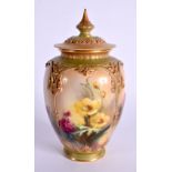 HADLEY WORCESTER VASE AND COVER PAINTED WITH FLOWERS IN FOUR MOULDED PANELS HADLEY’S WORCESTER ENGLA