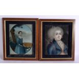 A PAIR OF 18TH CENTURY CHINESE REVERSE PAINTED MIRRORS depicting European figures. 30 cm x 24 cm.