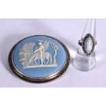 A SILVER WEDGWOOD CAMEO BROOCH AND RING. Stamped Silver, Brooch diameter 6.2cm, Ring Size L/M (2)