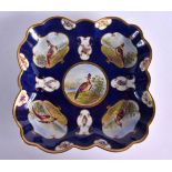 EARLY 19TH CENTURY BARR FLIGHT AND BARR SQUARE LOBED DISH PAINTED WITH BIRDS ON A COBALT BLUE GROUND