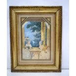 A framed watercolour dated 1768 of the Duchesse De Bourbon and companion. 34 x 24cm.