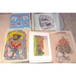 An unusual folio of watercolours, prints, Alice in Wonderland cardboard puppets etc