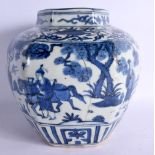 A 16TH/17TH CENTURY CHINESE BLUE AND WHITE HEXAGONAL JARLET Late Ming, painted with figures and land