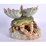 A VERY RARE VICTORIAN CRAB POTTERY DOUBLE CLAM SHELL TABLE CENTREPIECE naturalistically modelled upo