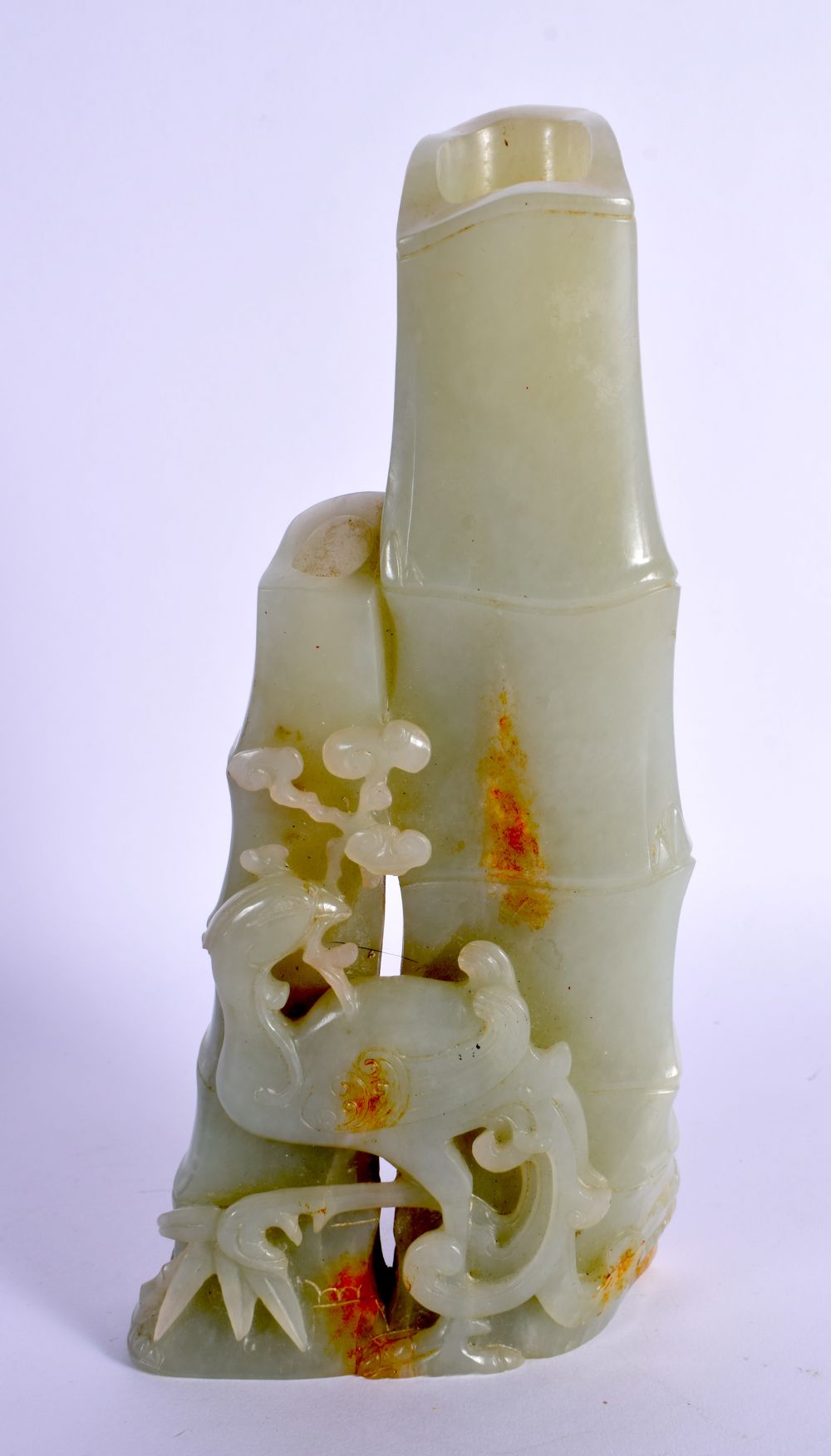 A FINE 19TH CENTURY CHINESE CARVED GREEN JADE VASE Qing, overlaid with phoenix birds and lingzhi fun