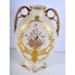 A large Austrian twin handled flask decorated with gilt and flowers 38 cm