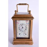 A FINE 'SEVRES' STYLE PORCELAIN PANELLED CARRIAGE CLOCK WITH DAY DATE DIALS. 10cm x 5.3cm x 4.6cm (