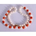 A PEARL AND CORAL NECKLACE WITH 14CT GOLD MOUNTS. Stamped 585 14K, length 44cm, weight 29.8g