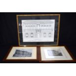A large framed Italian architectural drawing of a building together with a pair of Italian prints 4