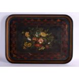 A LARGE 19TH CENTURY EUROPEAN RECTANGULAR LACQUERED TRAY decorated with flowers. 55 cm x 40 cm.