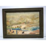 A framed oil on board depicting fishermen. 41 x 58cm.