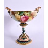 ROYAL WORCESTER BOAT SHAPED VASE ON PEDESTAL FOOT PAINTED WITH ROSES BY HOOD, SIGNED DATE MARK 1903.