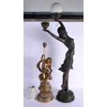 A LARGE EUROPEAN GILT METAL FIGURAL LAMP together with a large deco style lamp. Largest 72 cm high.