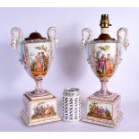 A PAIR OF 19TH CENTURY GERMAN TWIN HANDLED AUGUSTUS REX VASES painted with figures. 38 cm x 15 cm.