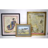 A framed map of Oxfordshire on parchment together with a framed Japanese embroidery and a print of S