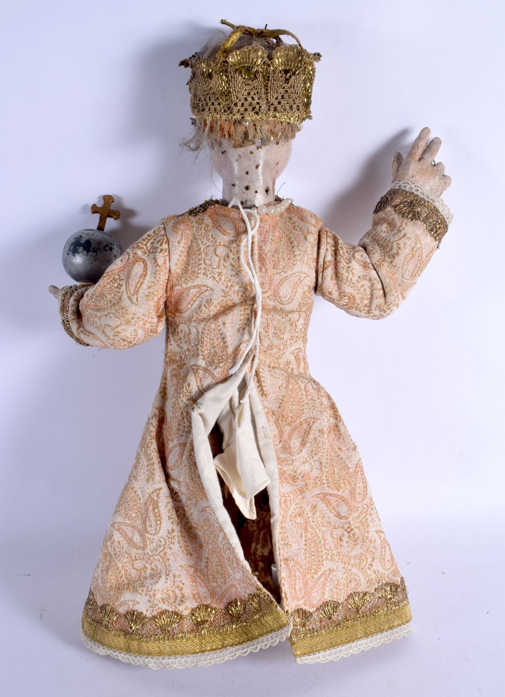 A VERY RARE 17TH/18TH CENTURY EUROPEAN CARVED AND PAINTED WOODEN DOLL modelled with one hand raised, - Image 7 of 11