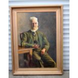 A huge framed oil on canvas with an indistinct signature of a seated male. 113 x 77cm.