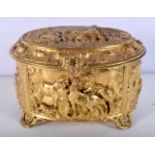 A 19TH CENTURY EUROPEAN GILT METAL CASKET decorated with horses and landscapes. 15 cm x 11 cm.